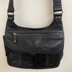 Vintage Black Leather Fossil Shoulder Bag Purse Crossbody Zip Flap Organizer
